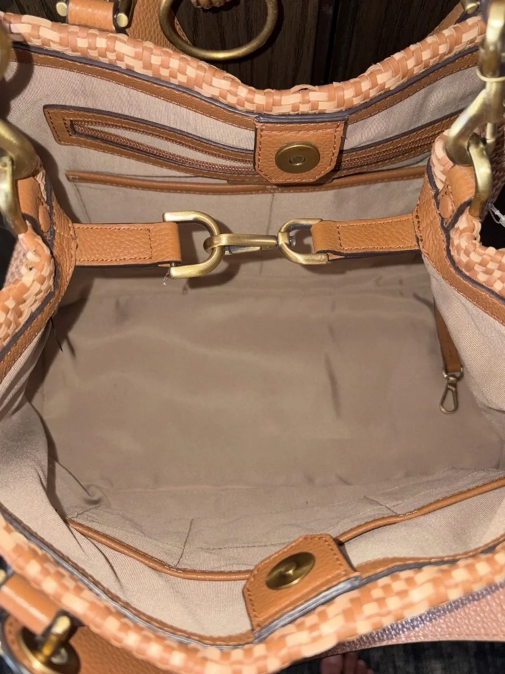 Michael Kors Woven Chevron Tote in Tan and Cream leather
